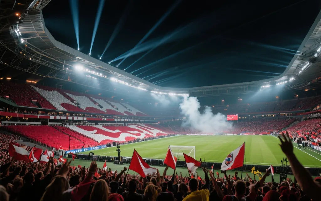 世界杯决赛夜球场全景，烟火与灯光交织，球迷看台形成统一色块